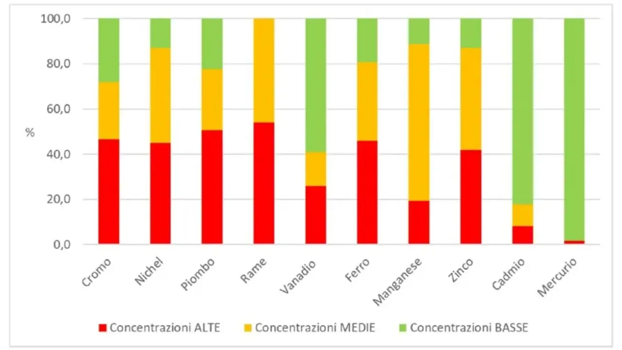 Grafico su: Ripartizione delle classi di presenza dei metalli pesanti riscontrati nei campioni di api “bottinatrici” e miele “giovane” nelle 7 città del progetto dal 2017 al 2023