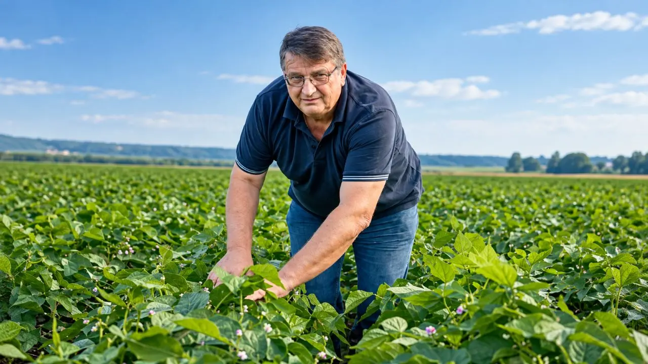 Il fagiolo del Cuneese, una storia di terra, lavoro e tradizione agricola: il coltivatore Corrado Bernardi al lavoro in un campo, mentre osserva le piante