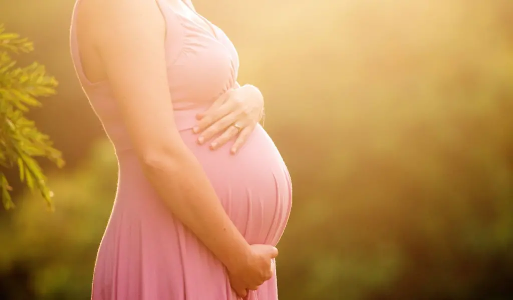 Una donna incinta di profilo, con il pancione in primo piano