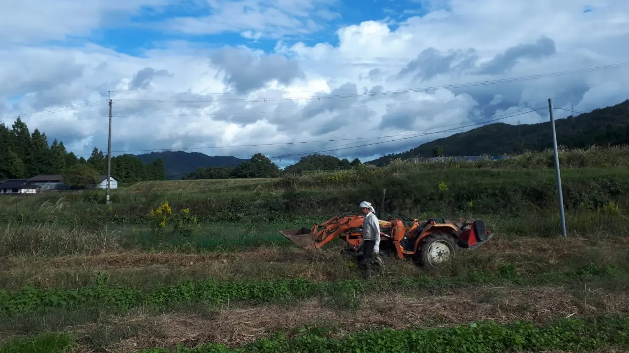 Un contadino giapponese con il proprio trattore sul campo