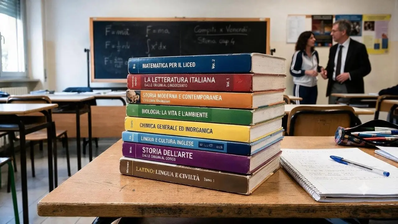 Letizia Palmisano, libri scolastici usati: libri in primo piano con due docenti sullo sfondo nell'aula professori