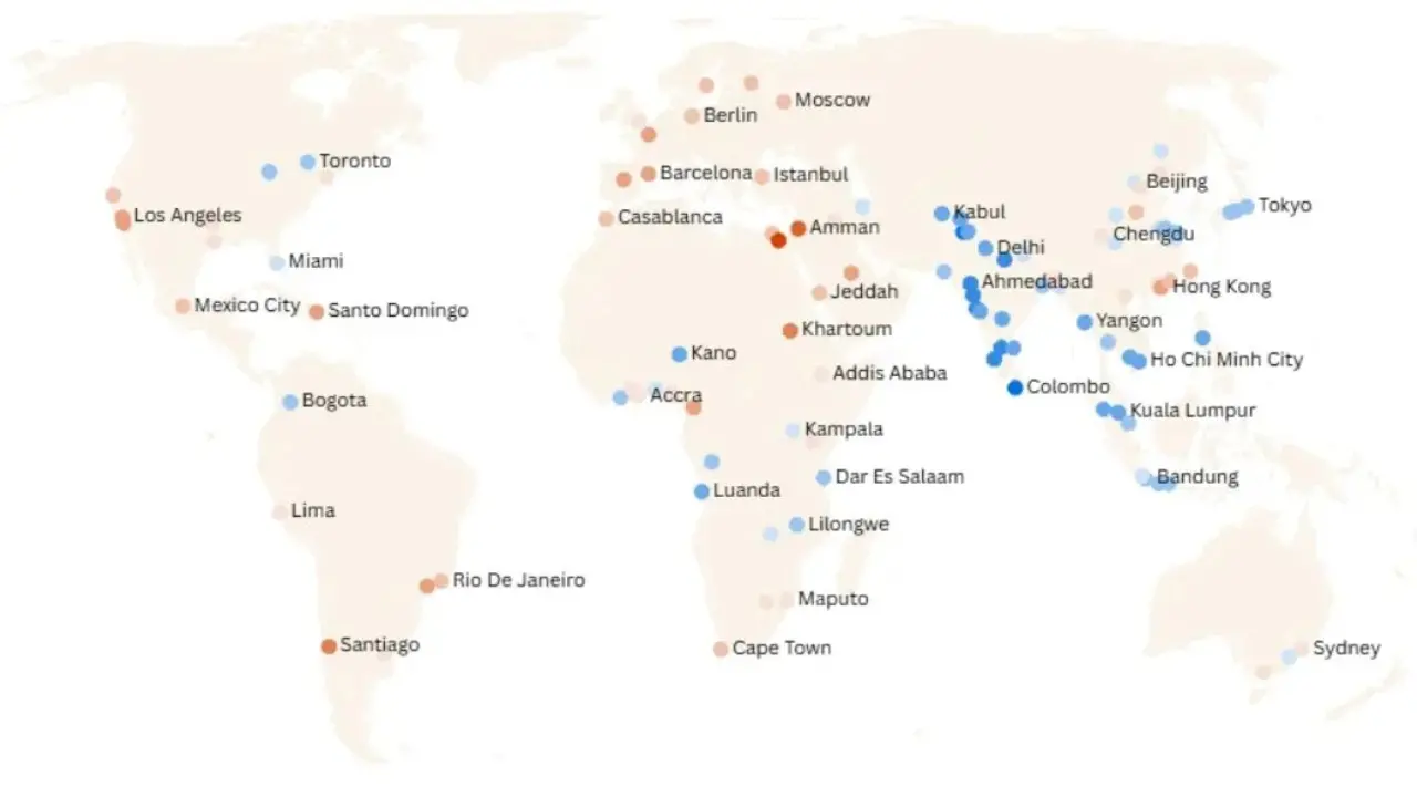 Colpo di frusta sulle città Quanto più intenso è il colore, tanto più forte è la tendenza a bagnare (blu) o ad asciugare (arancione). Fonte: Water Aid