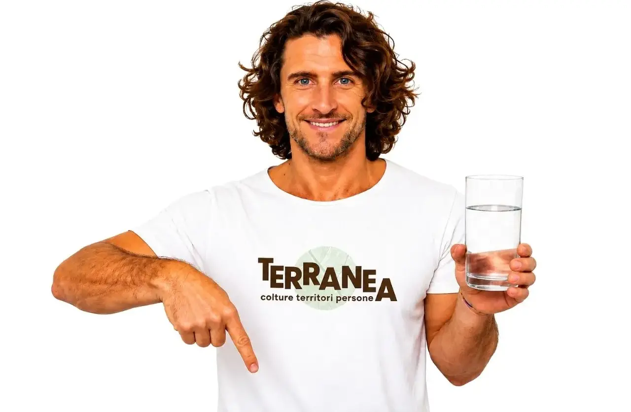 Uomo sorridente con bicchiere d'acqua e maglietta Terranea, simbolo di benessere e idratazione.