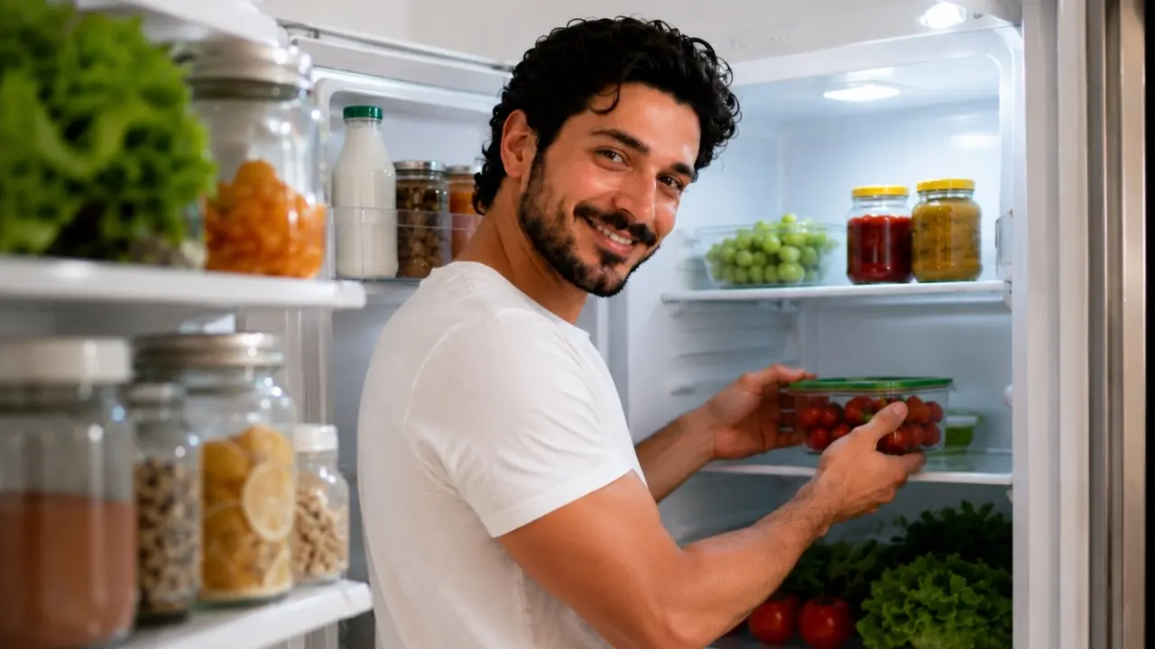 Un ragazzo ci osserva mentre prende cibo dal frigorifero