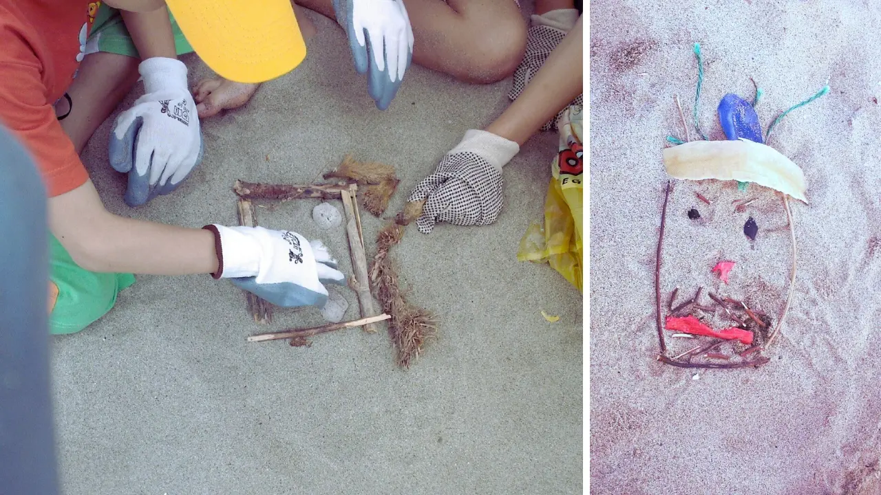 Lilly Cacace, educatrice ambientale: bambini compongono figure con rametti e altri oggetti sulla spiaggia