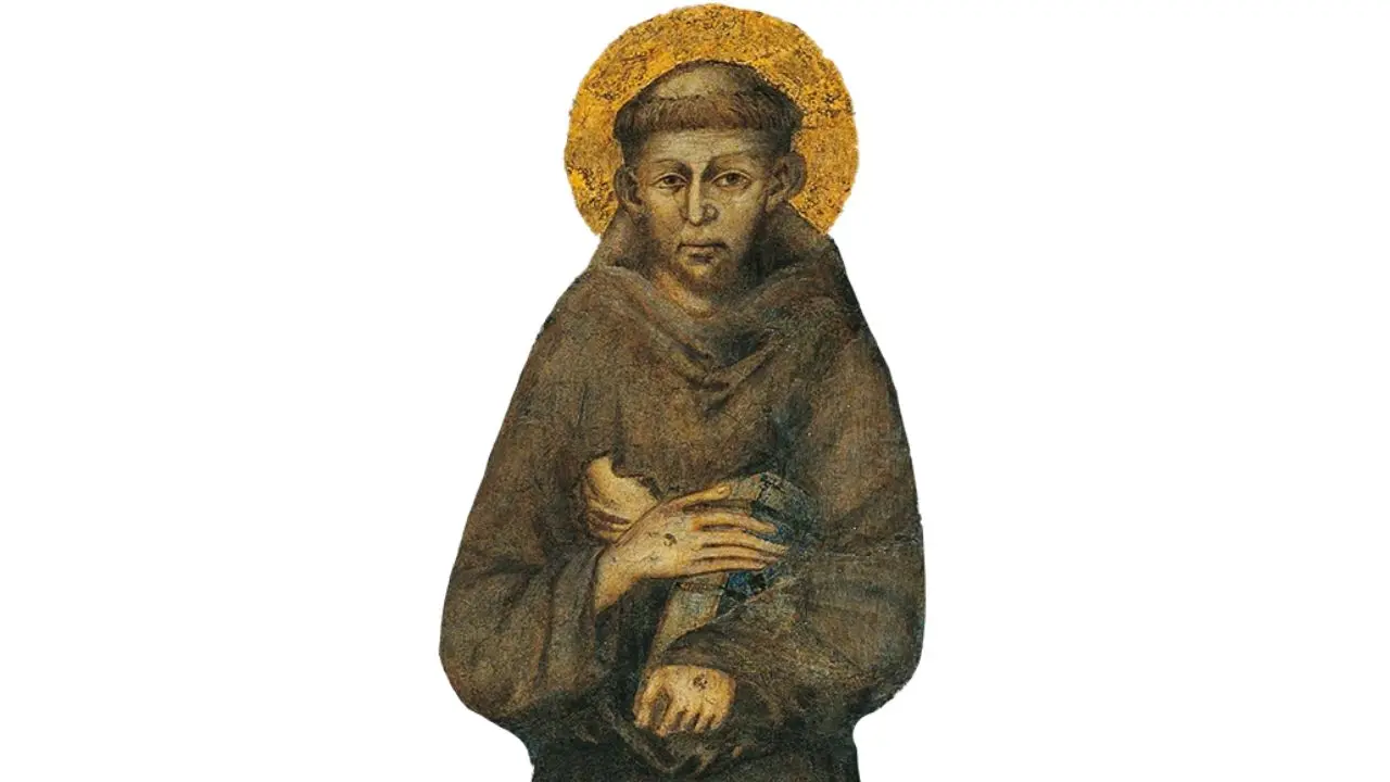 Raffigurazione pittorica di San Francesco d’Assisi con saio marrone e aureola dorata su fondo blu.