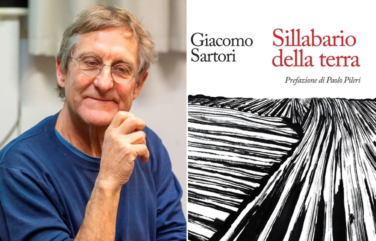 Giacomo Sartori: primo piano dell'autore accanto alla copertina di "Sillabario della terra"