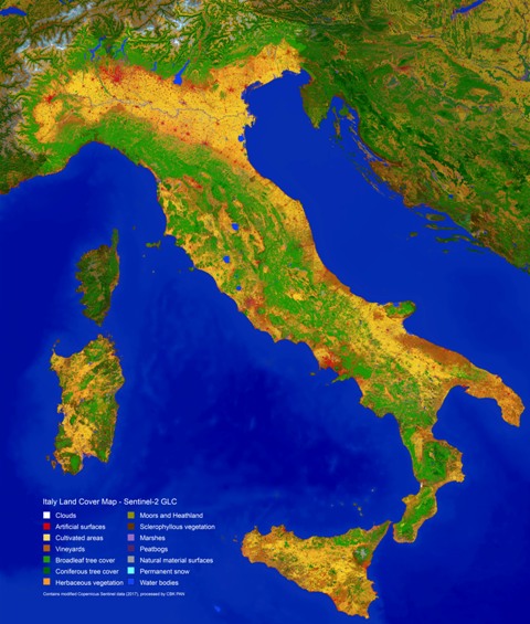 Mappa digitale relativa all'utilizzo del suolo in Italia (Fonte: Copernicus/Esa 2017 elaborati da Cbk Pan)
